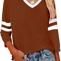 Womens Tops V Neck Color Block Tee Striped Tunics 3/4 Sleeve Fashion Comfy Shirt Basic Tshirts