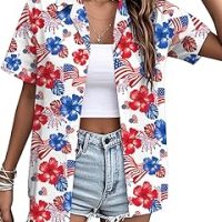 American Flag Shirt Women Patriotic Hawaiian Floral Tshirts 4th of July Button Up Tops Stars Stripes USA Short Sleeve