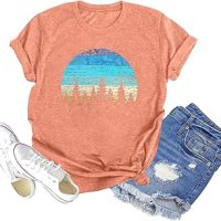 GEMLON Sunset Pine Tree Tshirt Women Camping Tshirt Retro Sun Print Graphic Tee Casual Short Sleeve Top