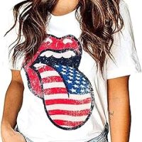 Womens American Flag Lips T-Shirt Funny July 4th Independence Day Graphic Tees Tops