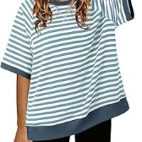 Nirovien Womens Striped Short Sleeve Tshirt Oversized Crewneck Shirt Color Block Tee Shirts Summer Tunic Tops