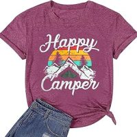 Happy Camp T-Shirt Women Hiking Mountain Adventure Novelty Workout Funny Saying Cute Graphic Athletic Shirt