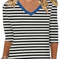 V Neck Shirt for Womens 3/4 Sleeve Raglan Patchwork Soft Casual Trendy Summer Blouse Tops