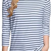 LilyCoco Womens 3/4 Length Sleeve Tops Striped Boatneck Shirt Breton French Cotton Tees